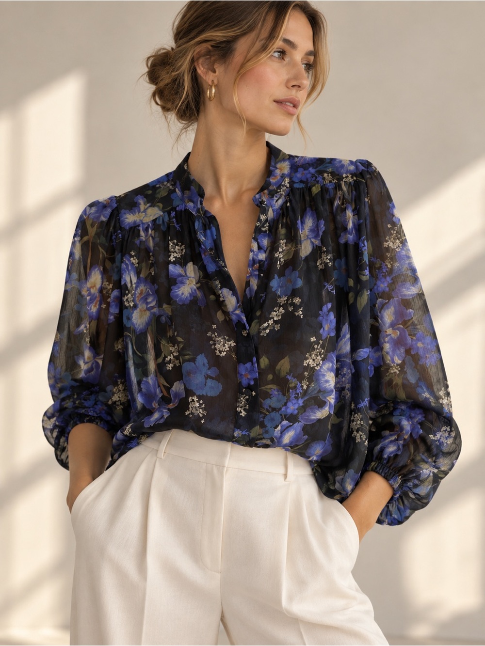 Joie Floral Chiffon Blouse Black Blue Iris Print | S